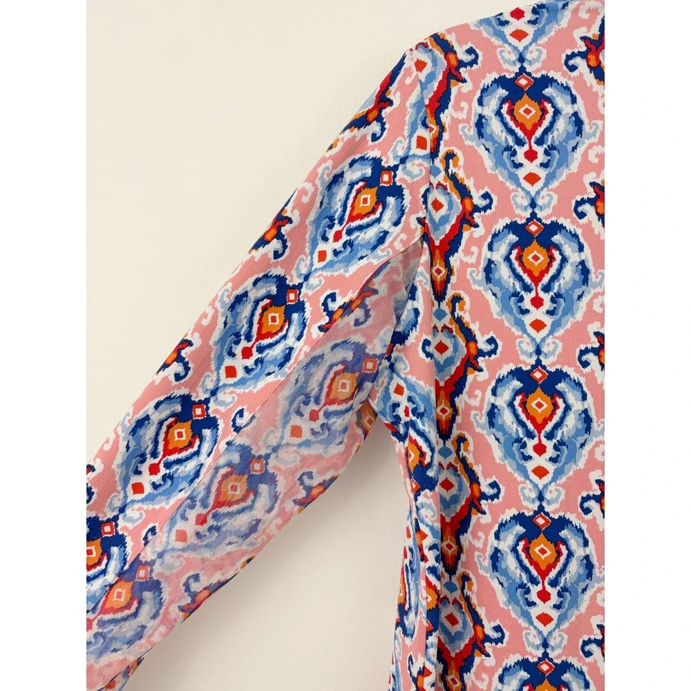 IBKUL Quarter Zip Mock Neck Sun Shirt Size L Ikat Damask Print Long Sleeve UPF50 - Picture 7 of 10